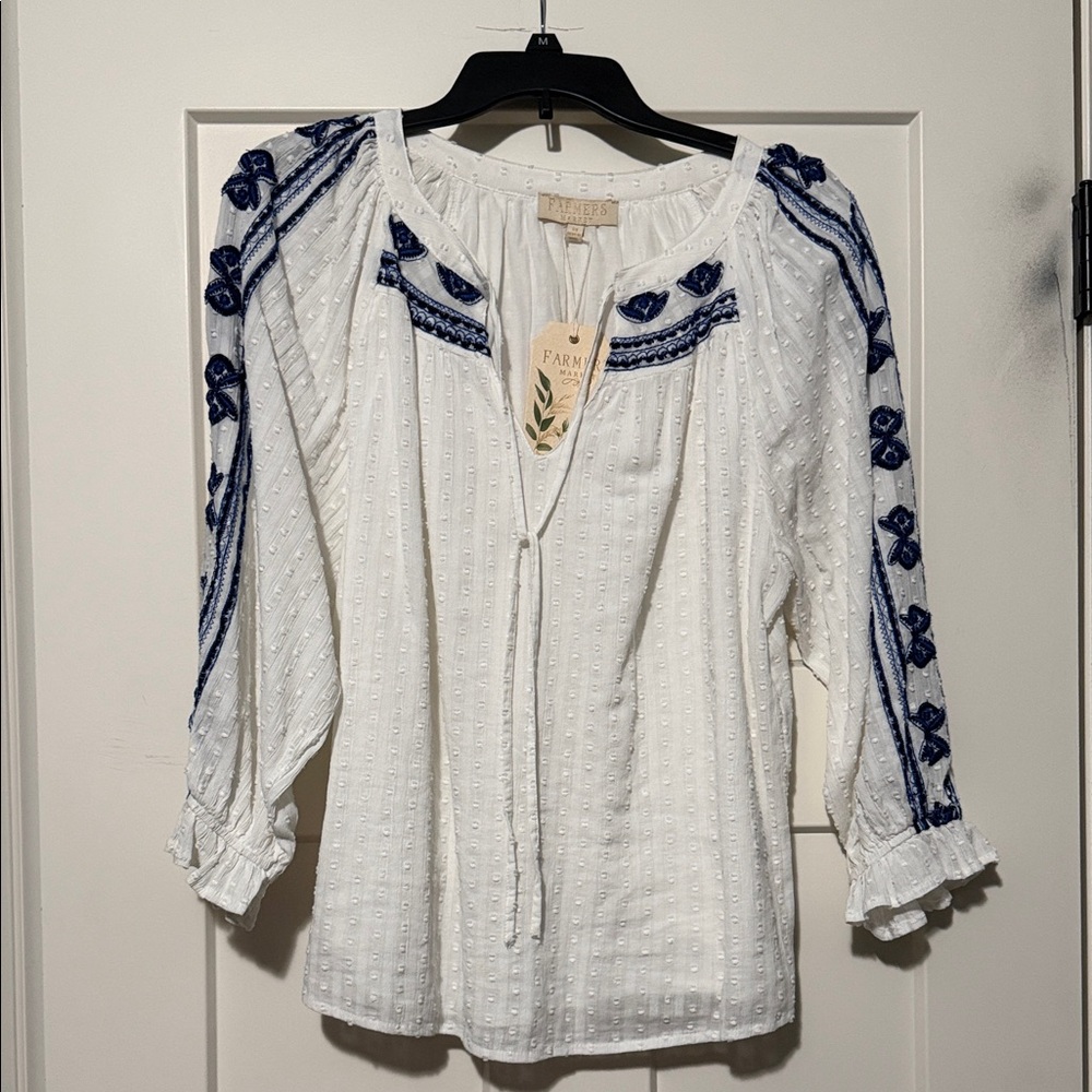 Farm Rio Women's White and Blue Embroidered Blouse